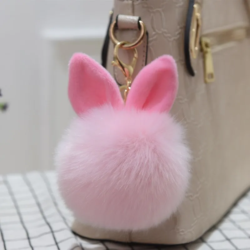 Bag Pendant Accessories Plush Keychain Hanging Cute Rabbit Ears Faux Fur Hairy Balls Pendant Key Chain for Women Gril Key Ring