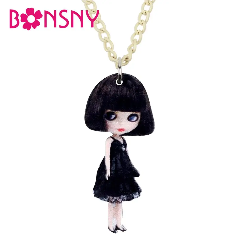 Bonsny Acrylic Black Short Hair Dress Girl Doll Necklace Pendant Choker Fashion Jewelry For Girls Lady Teen Charms Gift 2019 Hot