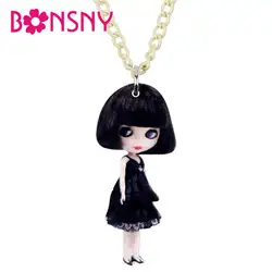 Bonsny Acrylic Black Short Hair Dress Girl Doll Necklace Pendant Choker Fashion Jewelry For Girls Lady Teen Charms Gift 2019 Hot