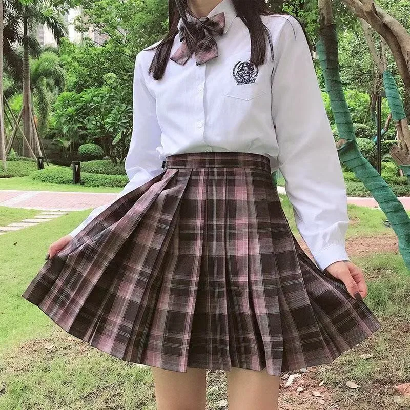 High Quality JK Uniforms Student Girl\'s Summer Short Sleeve High Waist Pleated Purple Plaid Mini Skirt Women Dress Schoo Uniform