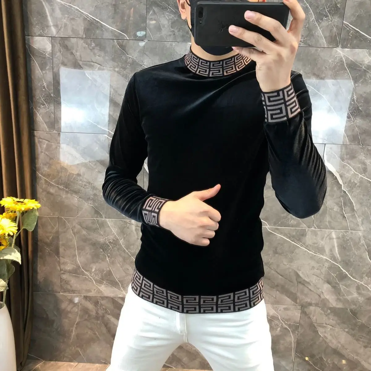 Men\'s double-sided velvet long-sleeved sweater slim gold velvet trend bottoming shirt autumn and winter semi-high collar sweater