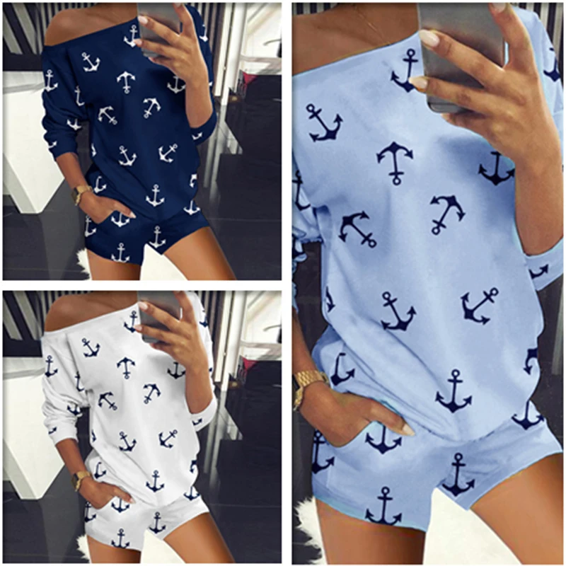 suit shorts t-shirts women Hot style Europe  two-piece United States women's  printing long sleeve suit  Boat Anchor fashion