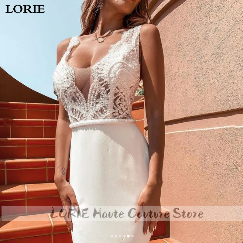 Lorie laço sereia vestido de casamento sexy com decote em v vestidos de novia laço do vintage sem costas vestido de noiva de cetim macio