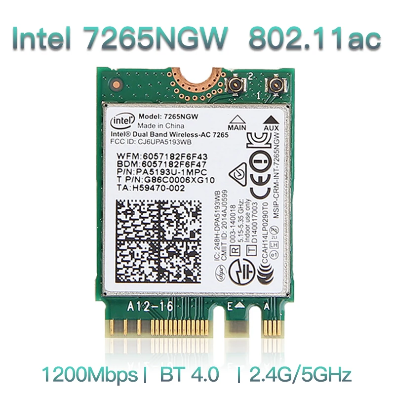 Dual band Wireless-AC 1200M WiFi 7265NGW For Intel 7265 Wi-Fi 802.11ac 2x2 For Bluetooth 4.0 NGFF M.2 Wlan Card Network Adapter