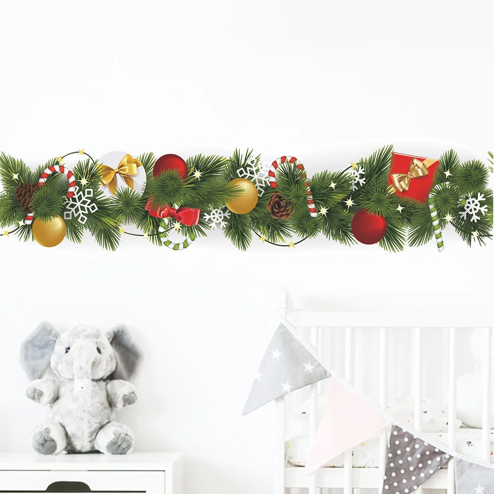 Christmas Pine Branch Waist Line Wall Stickers Living Room Skirting Decoration New Year Wallpaper Home Decor Baseboard Decals