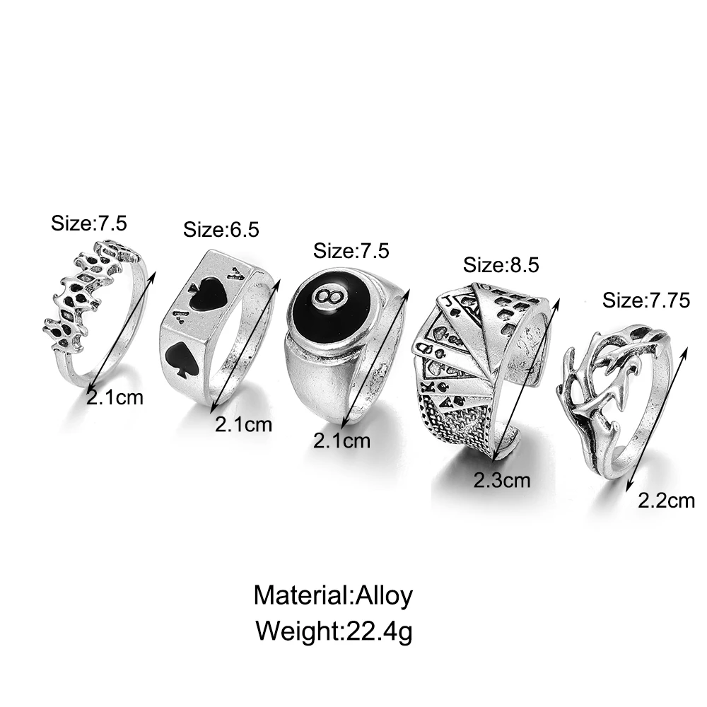 Punk Vintage Silver Color Poker Billiards Ring Set for Women Gothic Heart Anillos Hip Hop Y2k Korean Fashion Male Gift Jewelry