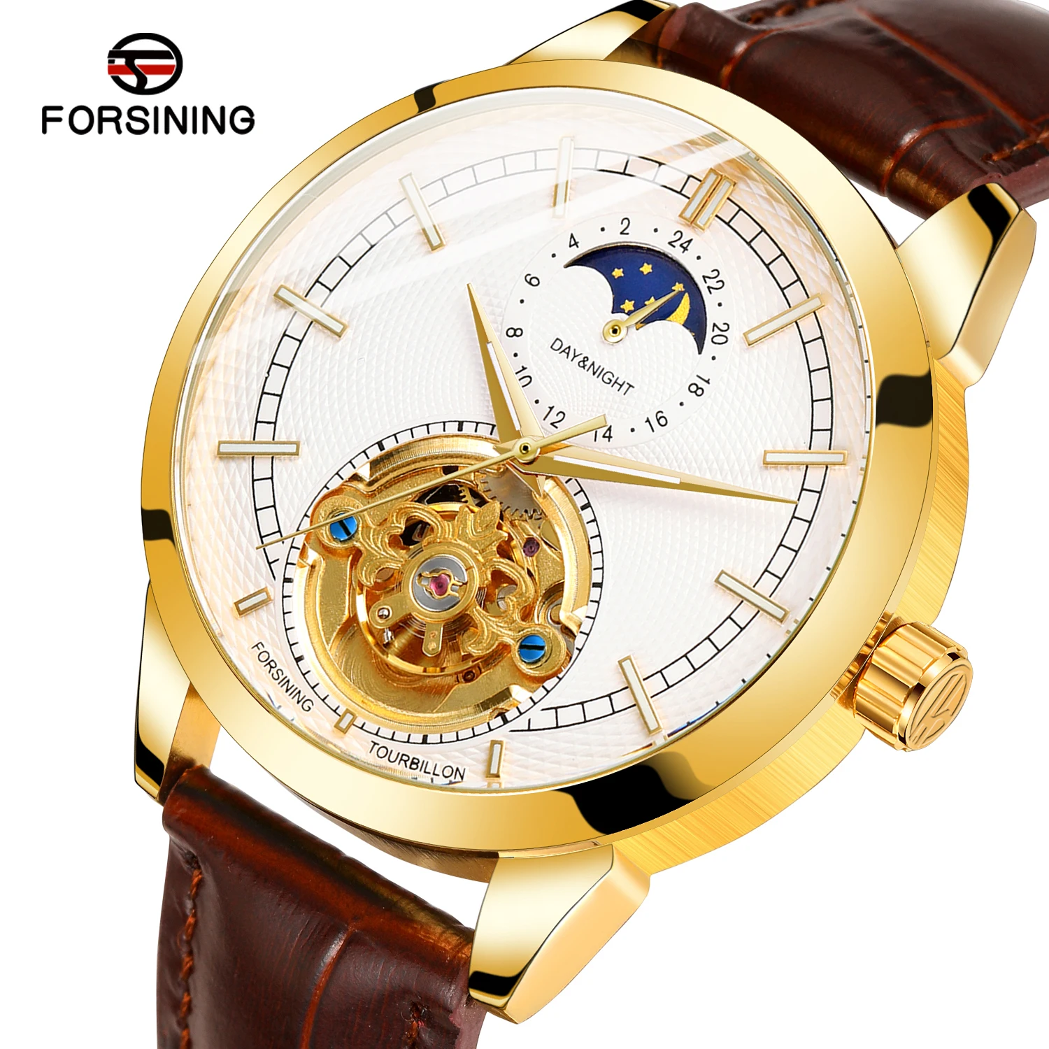 

FORSINING Retro Design Moon Phase Tourbillon Skeleton Automatic Mechanical Wristwatch Leather Strap Male Clock Dress Watches