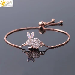 CSJA Lovely Rabbit Bracelet Luxury Bunny Bracelets Fire Opal Zircon Thin Link Rose Gold Color Wrist Chain for Women Girl G074