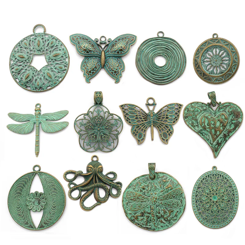 2pcs Vintage Patina Charms Antique Octopus/Swirl Spiral/Butterfly/Heart/Dragonfly Pendant For Necklace Jewelry Making