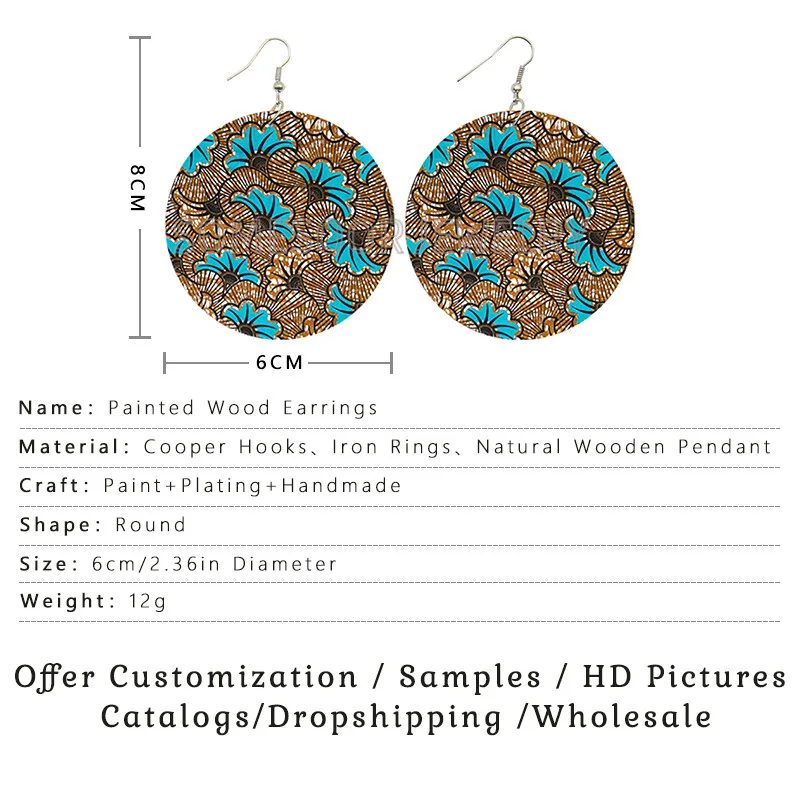 SOMESOOR Vintage Bohemian Flowers Designs Wooden Drop  Earrings Afrocentric Ethnic Fabric Pattern Printed Loops For Women Gifts