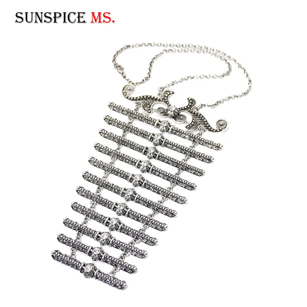 Sunspicems Traditional Caucasus Breastplate Tartar Women Abaya Chest Chain Necklace Bride Wedding Jewelry Retro Silver Color