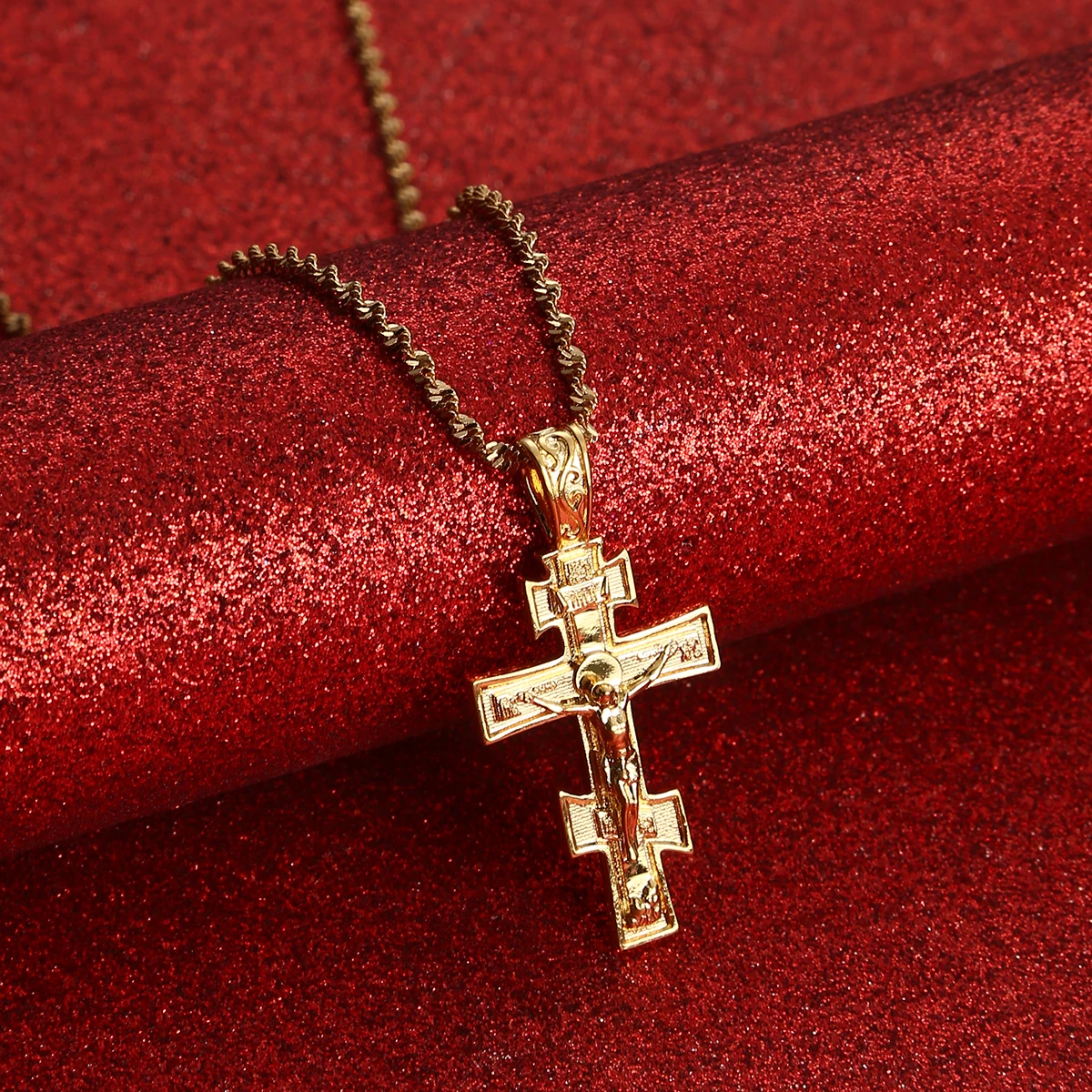 Christian Orthodox Crucifix Jesus Necklace Russian Cross Prayer Pendant Gold Color INRI Crucifix Cross Pendant Necklace Men