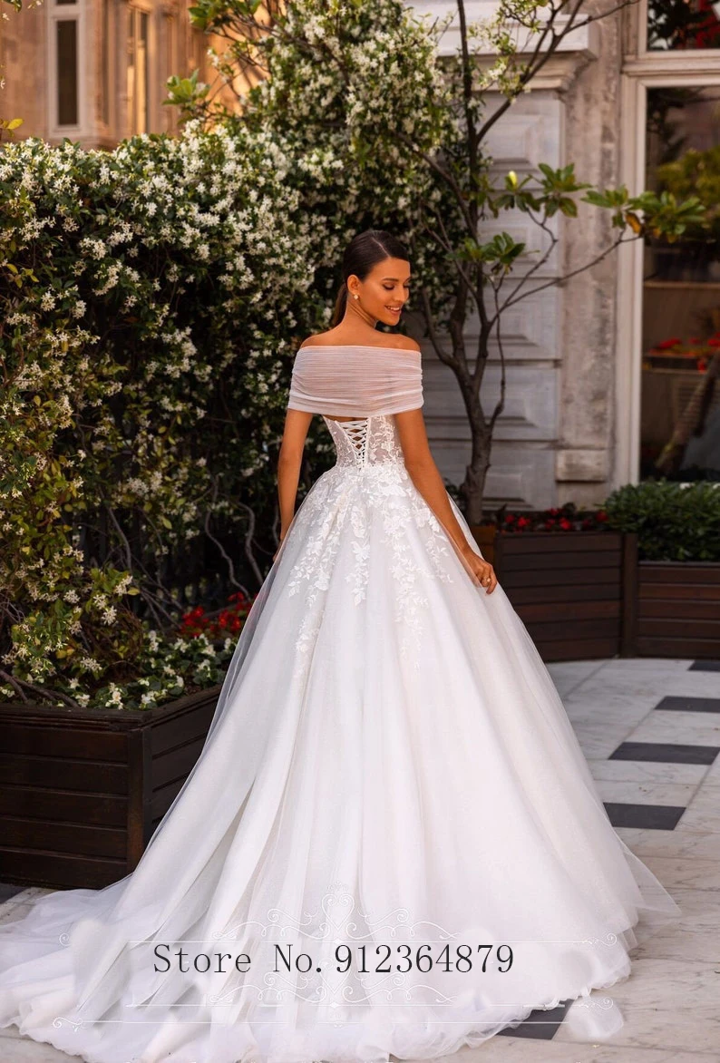 Vestidos de novia elegantes de una línea con flores de encaje, Vestidos de novia brillantes con hombros descubiertos, vestido de fiesta nupcial, Vestidos de princesa