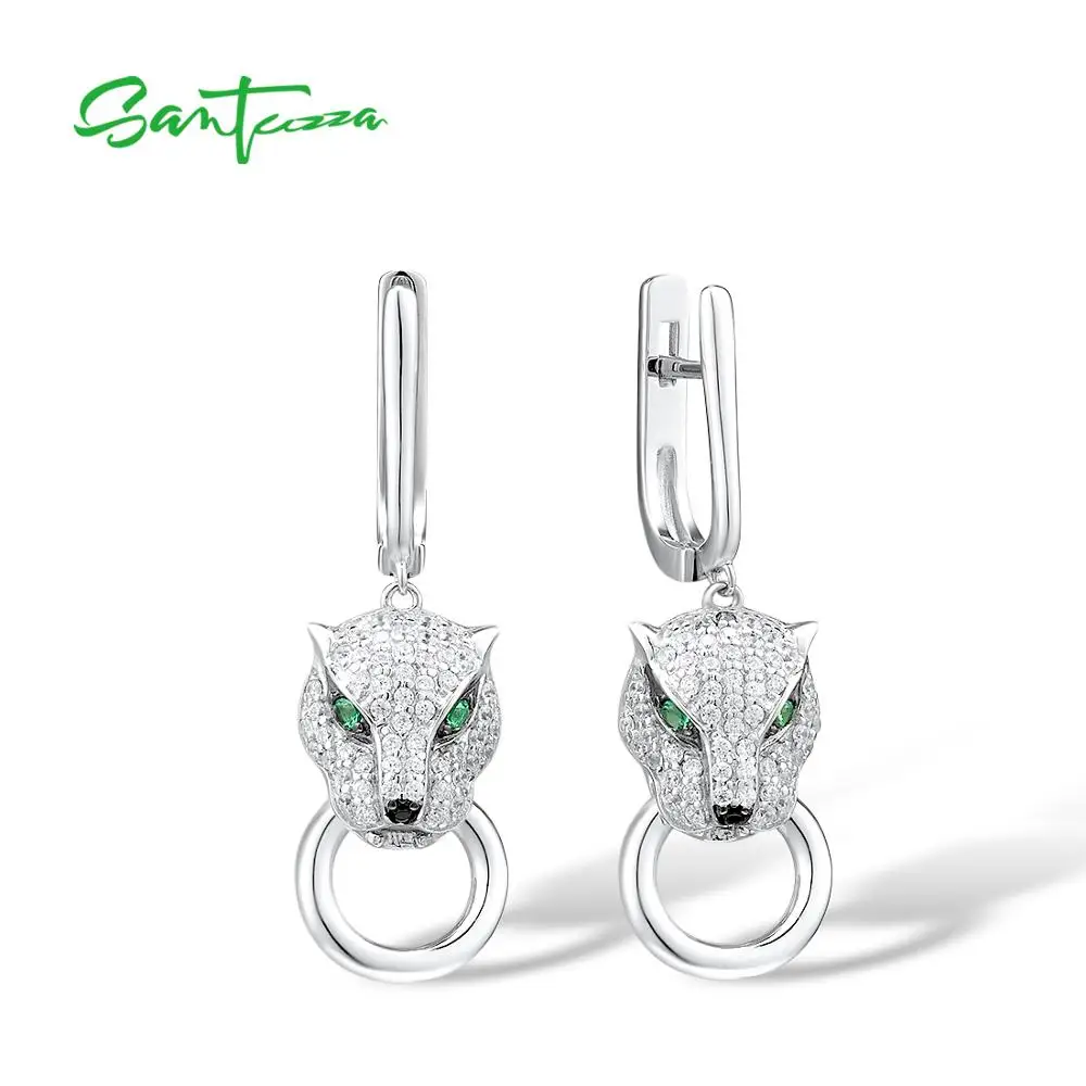 SANTUZZA 925 Sterling Silver Jewelry Set For Women White CZ Green Eyes Ring Earrings Pendant Leopard Set кольца Fine Jewelry