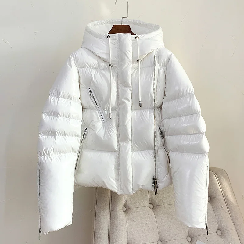 Glossy Down Jacket Women Streetwear 2025 New White Hooded Short 90% White Duck down Coat Black Loose Female Parka Zipper Outwear