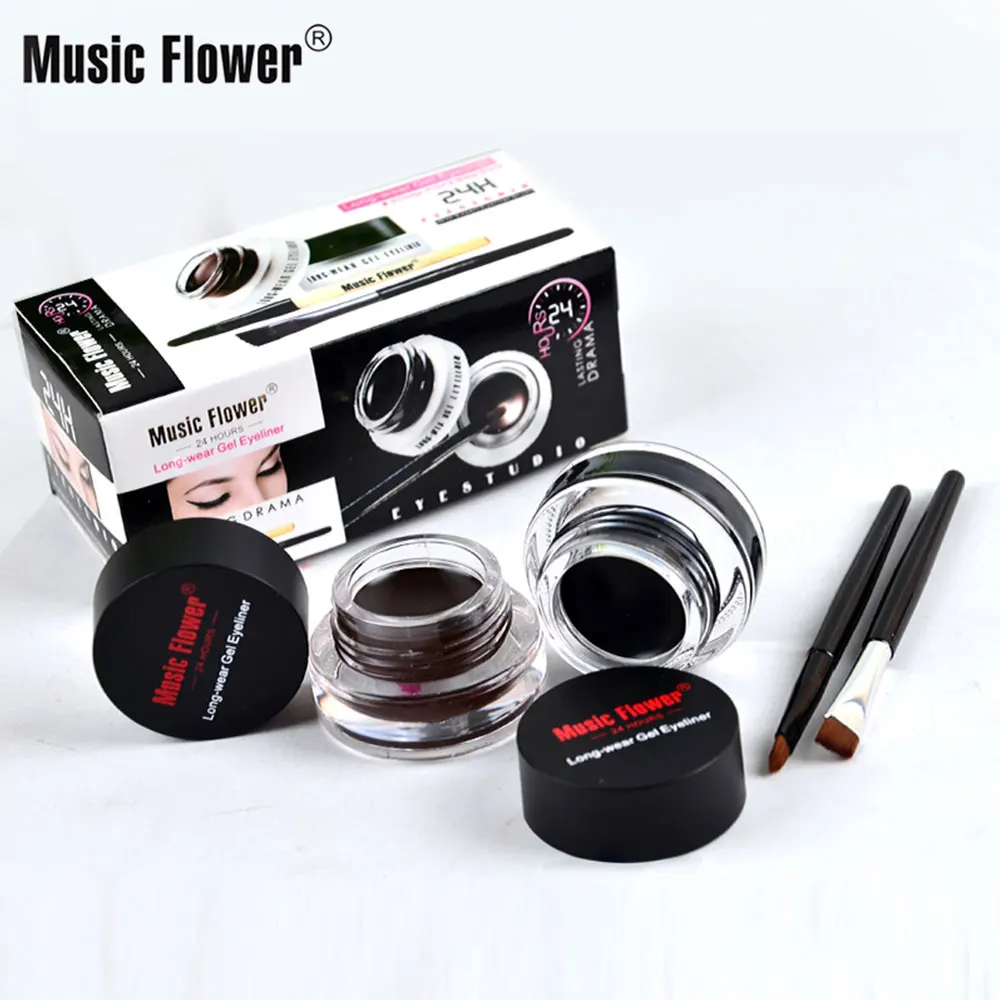 Music Flower 2 in 1 Coffee + Black Gel Cream Eyeliner Make Up Waterproof Cosmetics Set Eye Liner + Brushes Makeup Eye Cosmetics