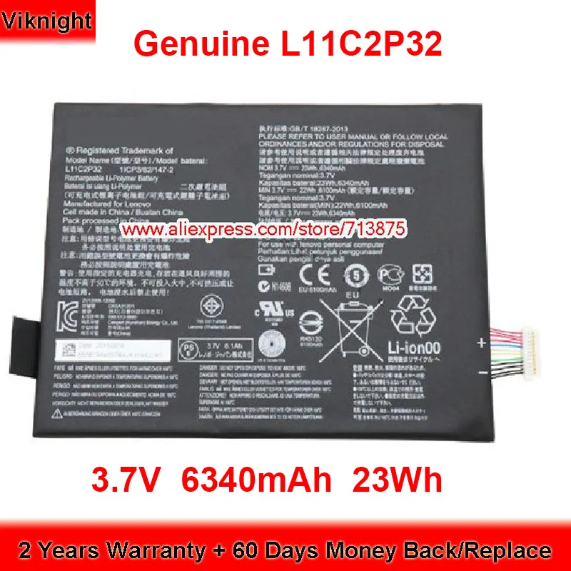 Genuine L11C2P32 Battery 1ICP3/62/147-2 for Lenovo A1080HC A7600-F S6000 S6000F S6000H S600H 3.7V 6340mAh 23Wh