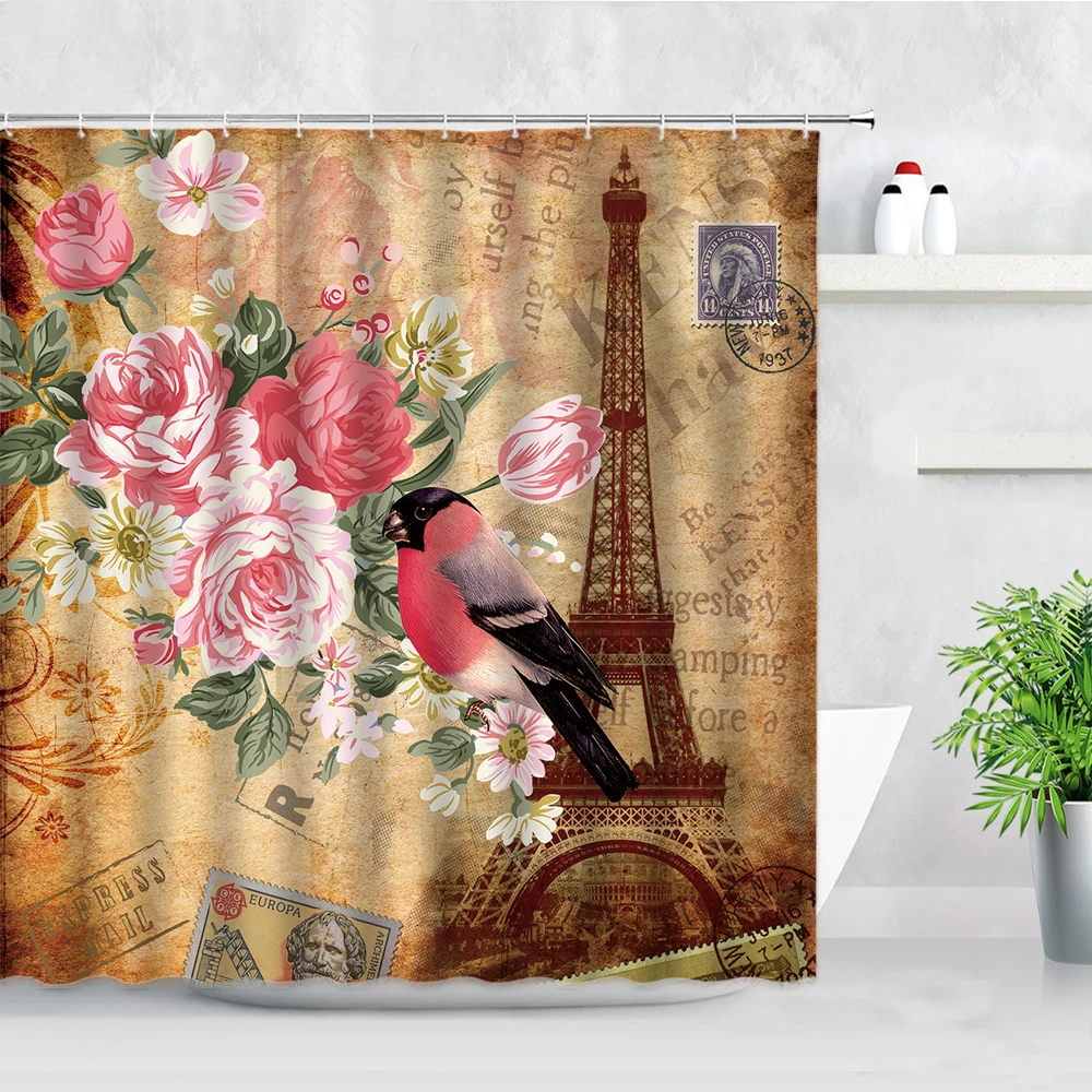 European Retro Floral Shower Curtains Flowers Plant Butterfly Stamp Printing Waterproof Bathroom Decor Curtain Sets Bath Screen