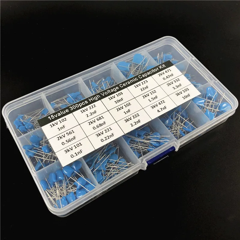 15values 300pcs 1KV/2KV/3KV (0.1nF to 22nF) High Voltage Ceramic Disc Capacitor assorted kit with storage box