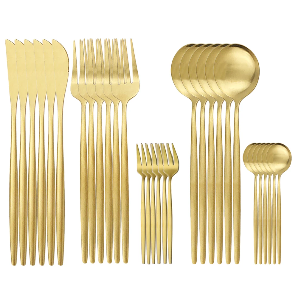 JANKNG 30Pcs Matte Gold Tableware Stainless Steel Dinnerware Set Cutlery Set Knife Spoon Fork Silverware Kitchen Flatware Set