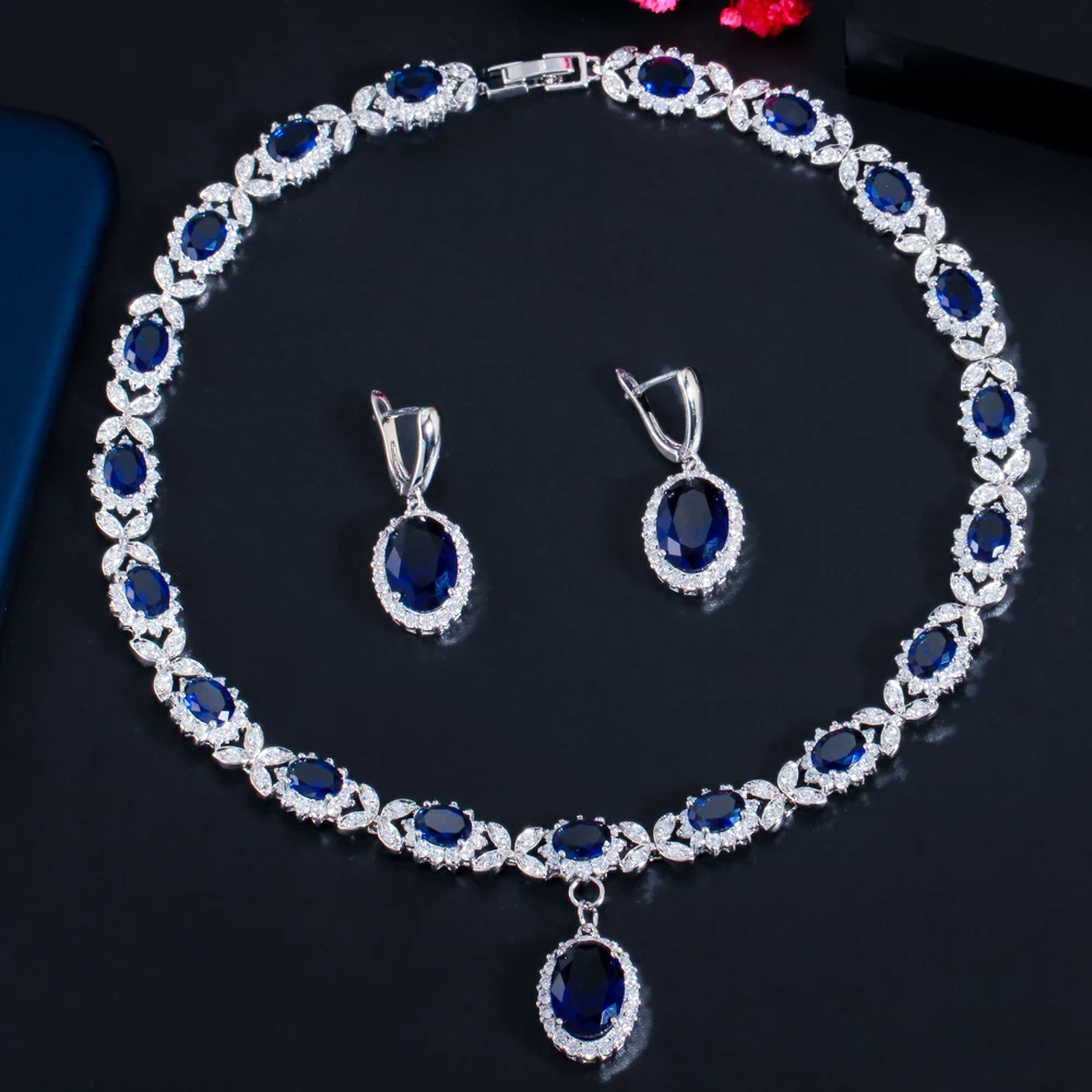 CWWZircons White Gold Color Cubic Zirconia Leaf Drop Blue Big Wedding Necklace Women Party Costume Jewelry Set for Brides T523