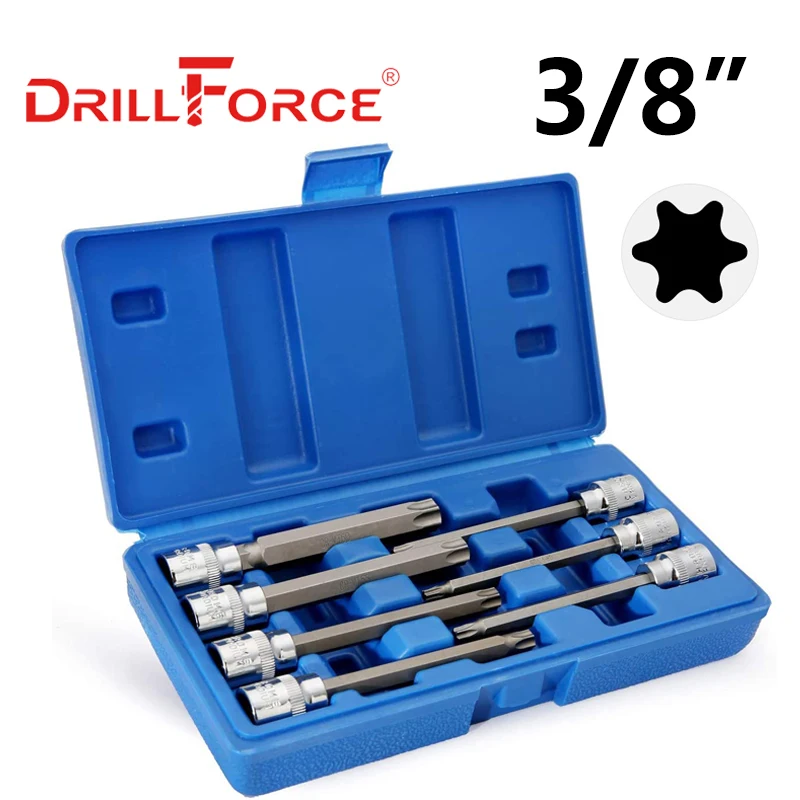 Drillforce 7 pièces T25-T60 3/8 "Drive Torx jeu d'embouts de douille 110mm adaptateur Spblown Wrosimilaire outils de réparation T25/T30/T40/T45/T50/T55/T60