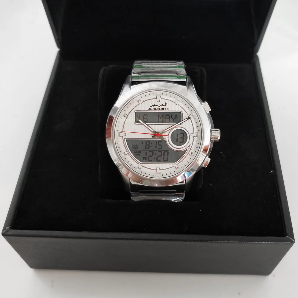 Azan Watch for Muslim Man Islamic Wrist Clock with Fajr Time Prayer Reminder Hijiri Calendar Stainless Steel Big Dual Display