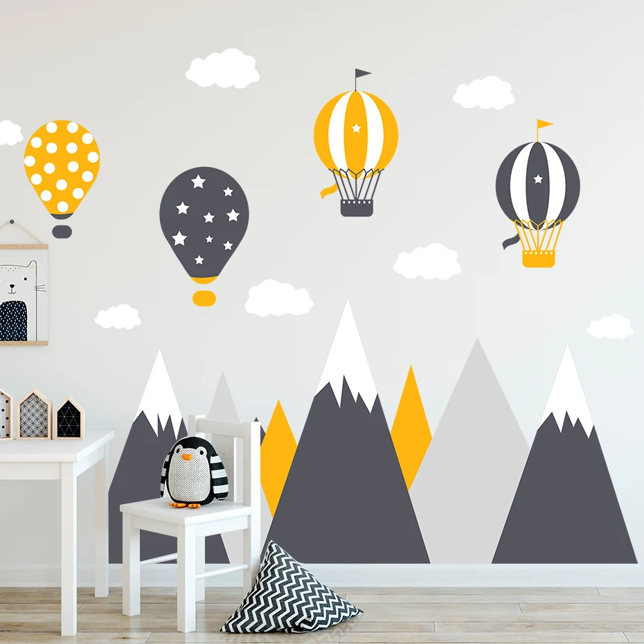 

Large Mountains Hot Air Balloons Clouds Wall Stickers Boys Baby Decal Removable Nursery Wall Art PVC Posters Bedroom Home Decor