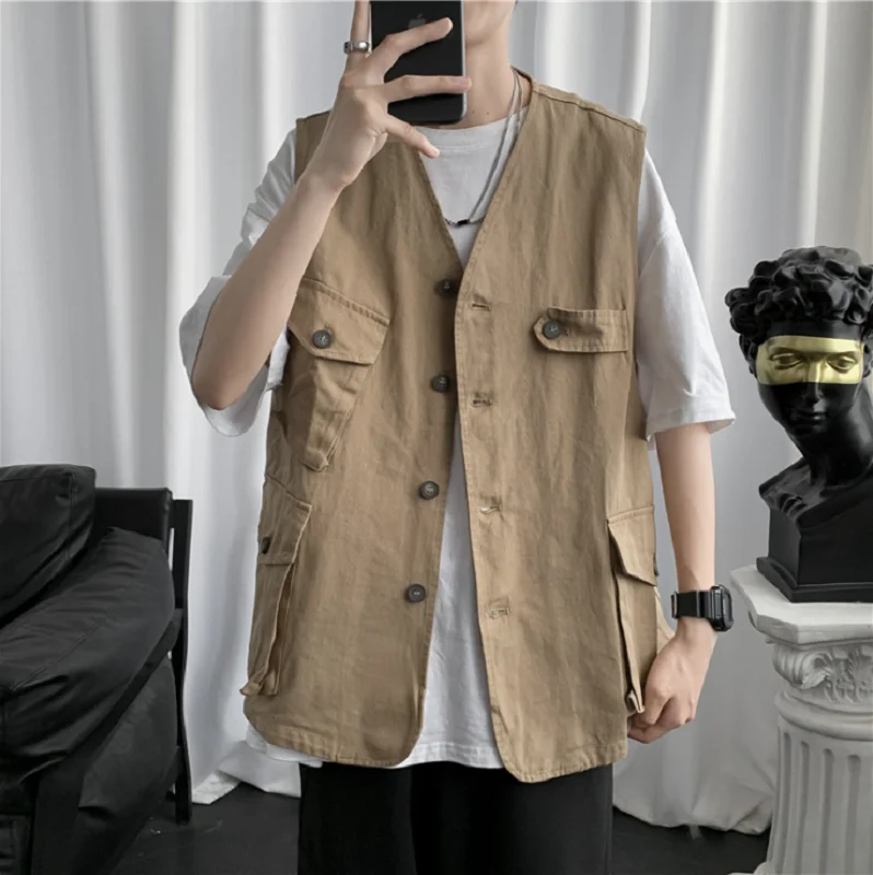 2021 Harajuku Mannen Mouwloze Schouder Vest Mannen Japanse Multi-Pocket Overjas Mannen Vest