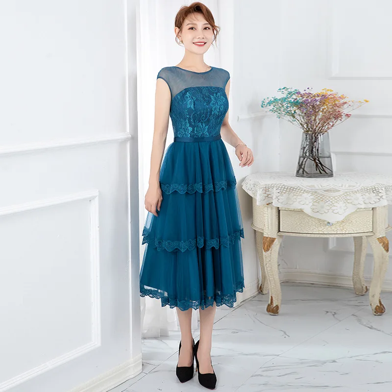 Navy blue evening dress summer autumn cake dress 2021 new fashion sleeveless lace bridesmaid dress banquet party dresses