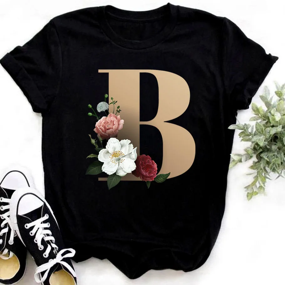 26 Letters Combination Fashion Women T-shirt Flower Letter Font A B C D E F G Short Sleeve Tops Black T-shirt Clothing