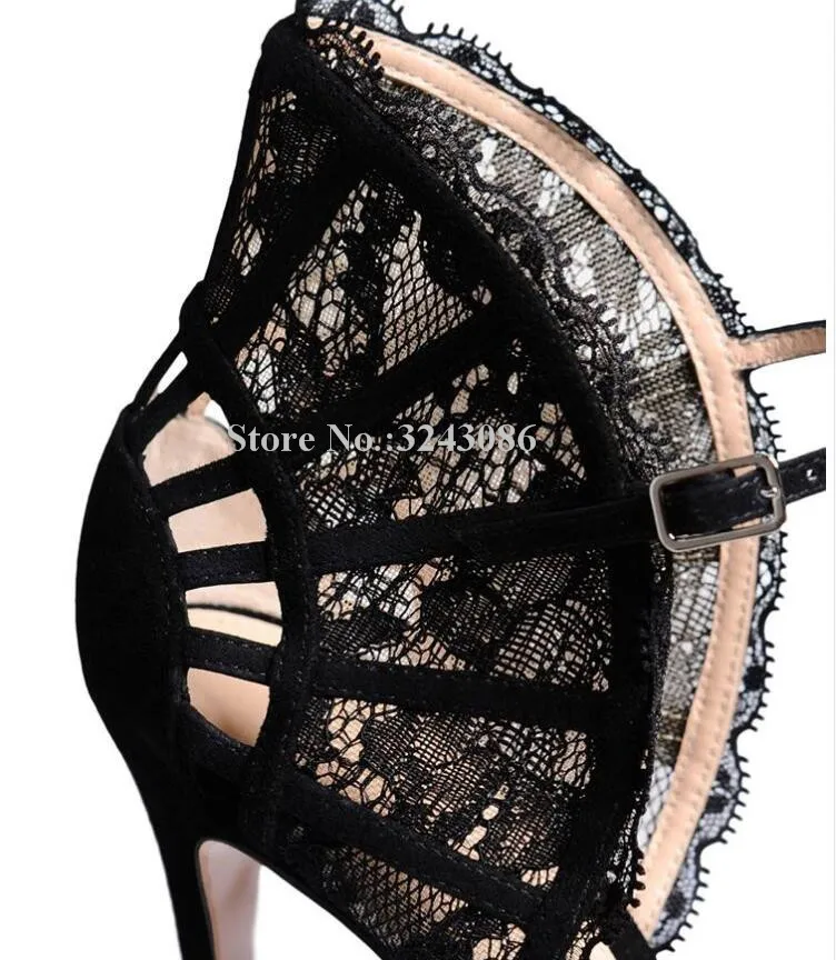 Sexy Black Lace Stiletto Heels Lady Sandals Fashion Circular Sector Ankle Buckle High Heel Sandals Elegant Female Banquet Shoes