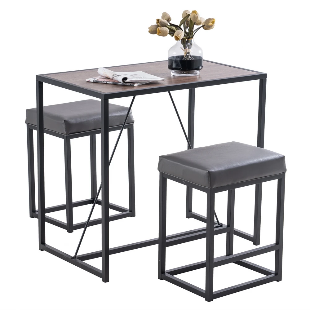 3Pcs Dining Table Chair Set for 2 People 1 Table 2 PU Stools MDF Metal Walnut Color&Gray Multifunctional Easy Assemble[US-Stock]