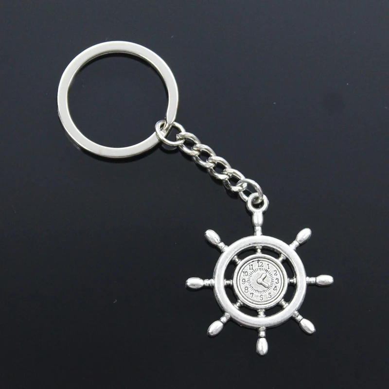 New Fashion Men 30mm Keychain DIY Metal Holder Chain Vintage Rudder Helm Anchor Ship Clock 40x35mm Silver Color Pendant Gift