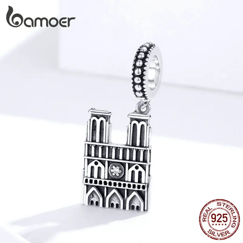 bamoer Travel Landmark of France Pendant Charm Silver 925 Original Notre Dame de Paris Vintage Charm Souvenirs Gifts SCC1328