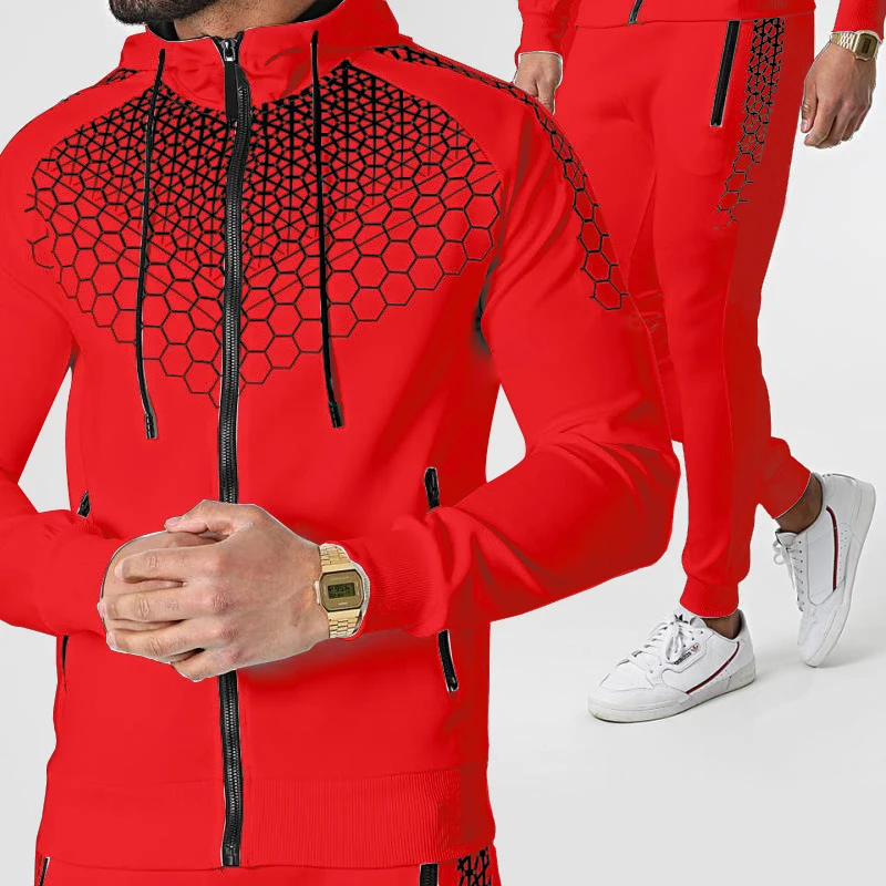 New men\'s zipper jacket suit two-piece outdoor fitness running sports popular hooded jacket outdoor sports pants sportswear suit