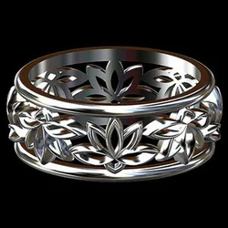 Huajie Three Colors Women's Lotus Hollow Pattern Classic Rings Elegant Retro Banquet Party New Female Ring Jewelry Accessories