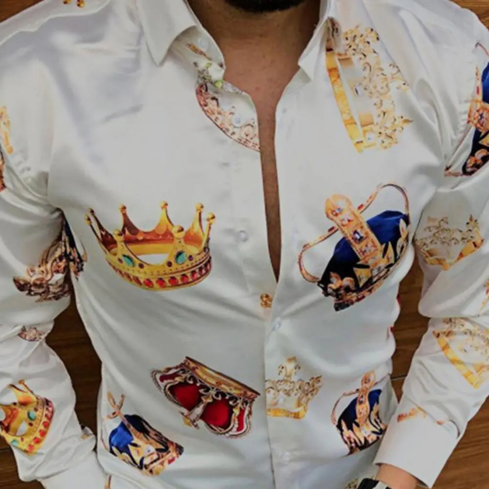Spring Autumn Men Shirt Fashion Crown Printed Long Sleeve Turn-down Collar Buttons Slim Shirts Casual Dress Shirts Streetwear