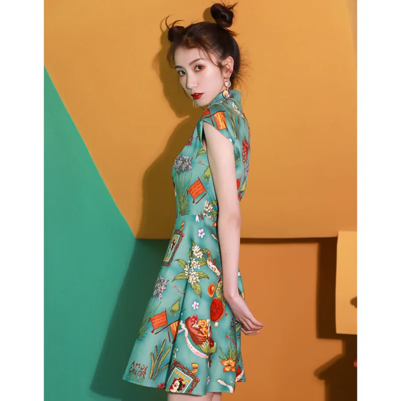 Qipao ajustado y moderno para mujer, vestido chino de línea A, estilo étnico Hanfu, Vintage, tradicional, estampado mejorado, novedad de verano