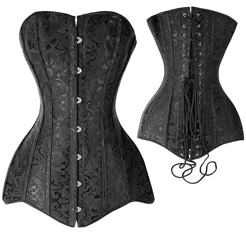 

Black White Plus Size Corset Sexy Steel Boned Long Waist Cincher Corset Bustiers Body Shaper Steampunk Brocade Lace Up Corselet