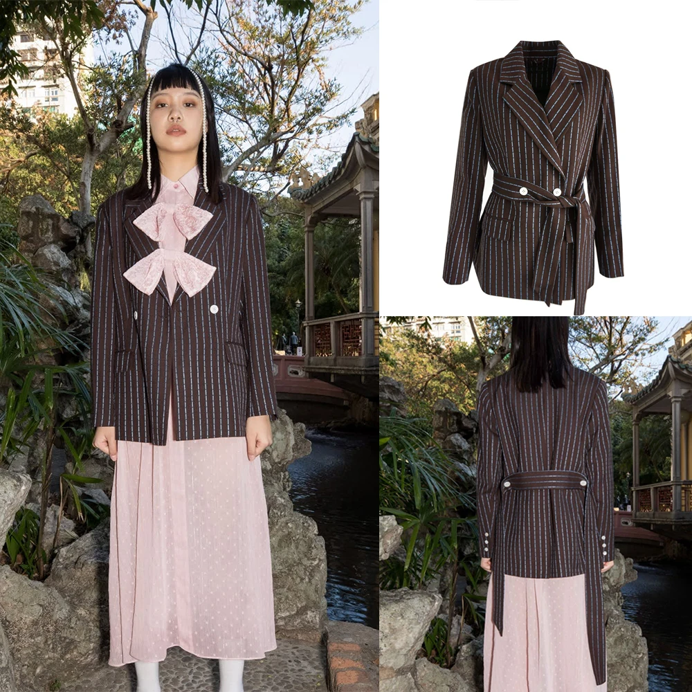 Japan Style Stripe Women Suits Custom Made Notched Lapel Blazer With Belt Fashion Daily Casual  2 Pieces Jacket