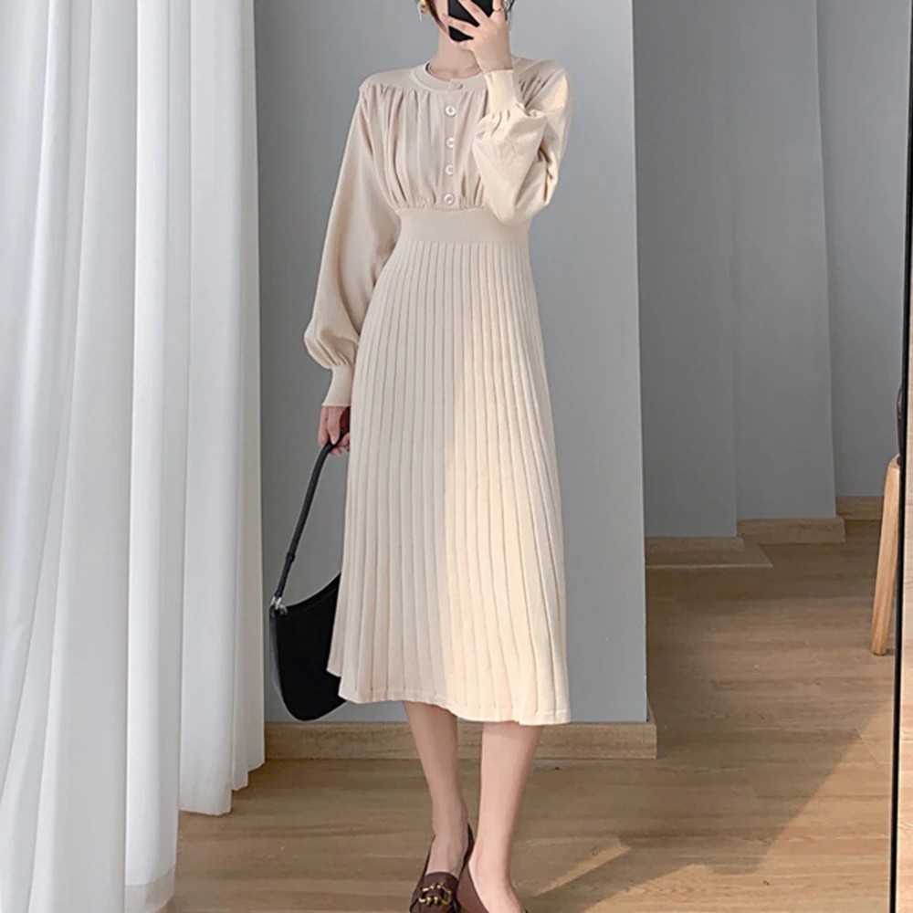 

Korean Knitted Sweater Dress Long Sleeve Soild Color Knitted Dresses Outwear Elastic High Waist Soft Sweater Dress Party Vestido