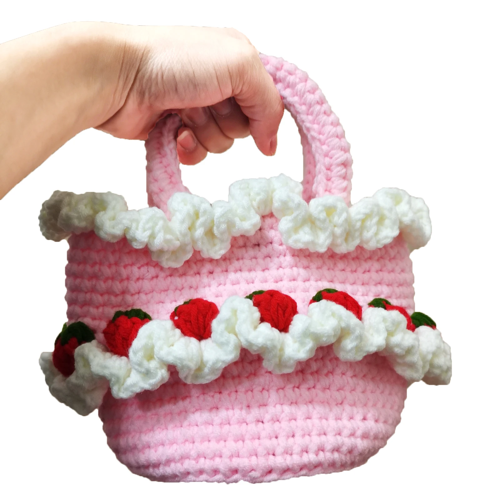 BomHCS Knitted Art Fashion Strawberry Cake Wallet Purse Bag Women Handmade Bucket Storage