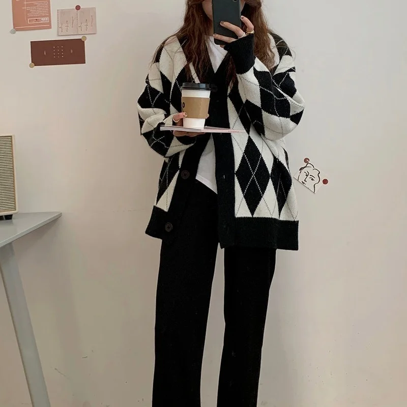 Cardigan Women Knitted Sweater Argyle Loose Sweater Single Breasted Student Lovely Knitwear Korean Oversize Cardigan Winter Tops