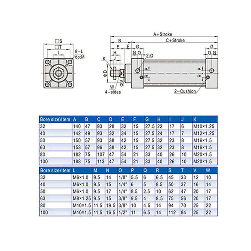 SC32/40/50/63 Pneumatic Cylinder Piston Double Acting Air Cylinders 50/75/100/125/150/200/250/300/400/500/600/800/1000mm Stroke