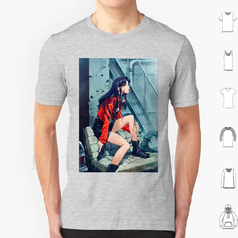 Eva Misato T Shirt Print Cotton Anime Manga Eva Misato Gun Handgun Girl Woman Blood Injured Injury Sad The End Of