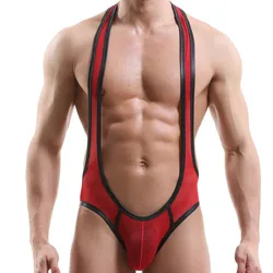 Mesh PU Leather Men Undershirts Jock Strap Open Butt Bugle Pouch Bodysuit Leotard String Wrestling Singlet Jumpsuits Underwear