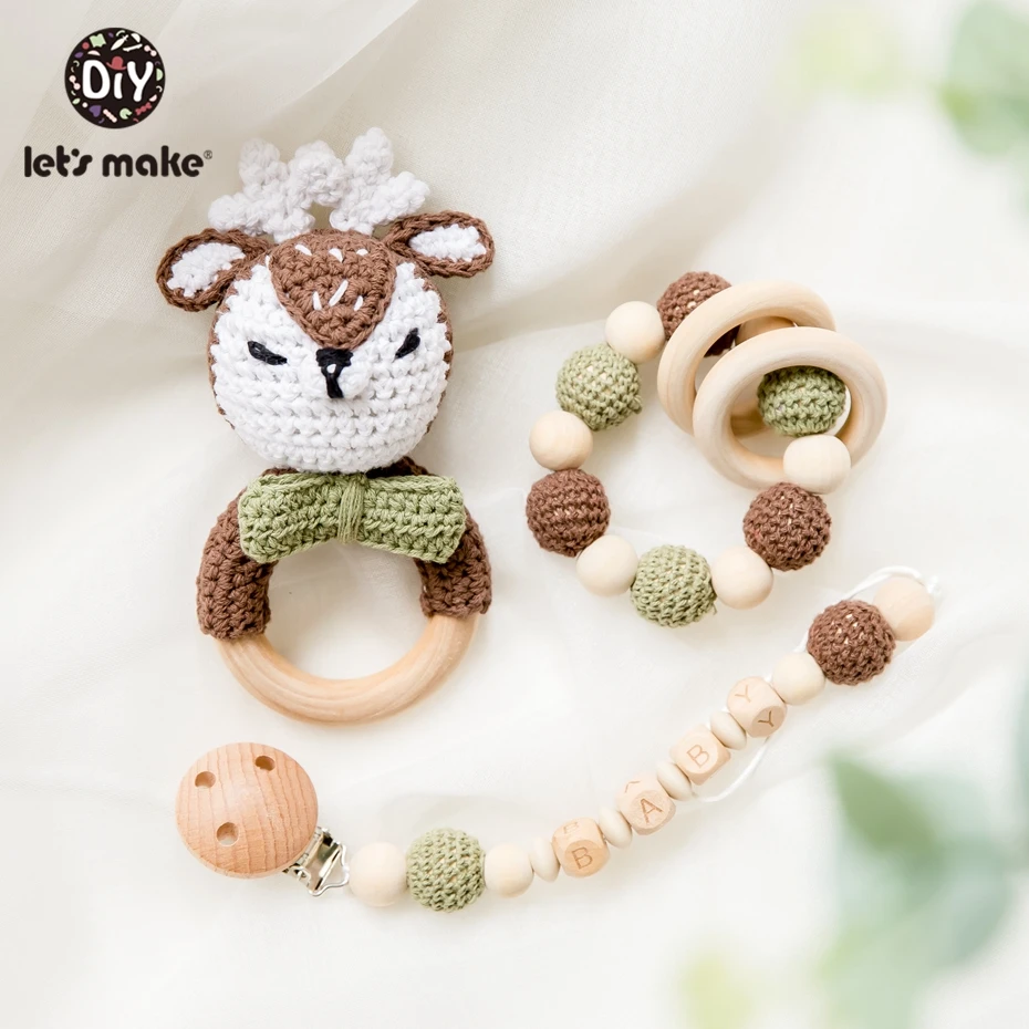 Let\'s Make 1pc Wooden Teether Amigurumi Baby Pacifier Chain Holder Crochet Mobile Baby Teether Woode Baby Rattle Toy