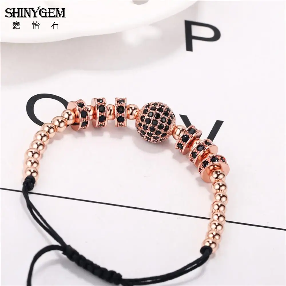ShinyGem Charm Rhinestone Bracelets Handmade Adjustable Weave Rose Gold Copper Micro Inlay Zircon Round Beads For Women