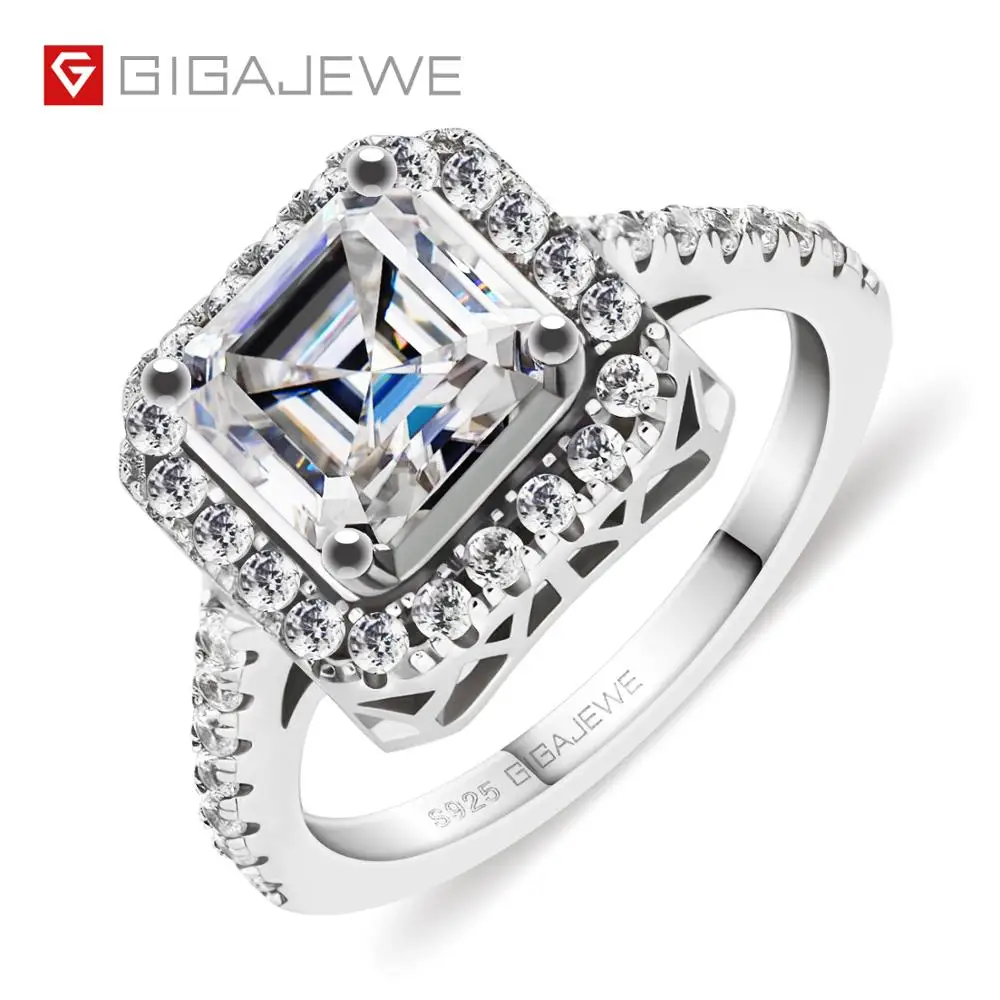 

GIGAJEWE 2.2ct 7,5 мм D цветное Asscher 18K покрытое белым золотом Серебро 925 пробы Moissanite классическое обручальное кольцо подарок для женщины и девушки
